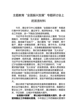 主题教育“全面振兴发展”专题研讨会上的发言材料