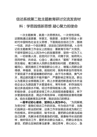 信访系统第二批主题教育研讨交流发言材料：学思践悟新思想凝心聚力担使命