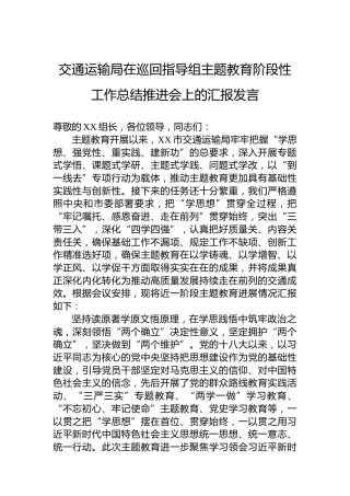 交通运输局在巡回指导组主题教育阶段性工作总结推进会上的汇报发言