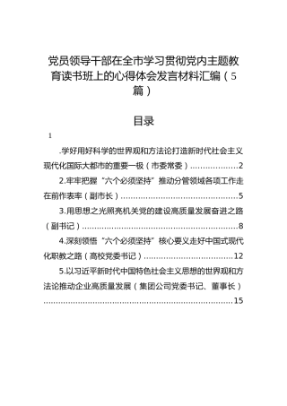 党员领导干部在全市学习贯彻党内主题教育读书班上的心得体会发言材料汇编（5篇）