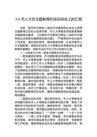 XX市人大在主题教育阶段总结会上的汇报