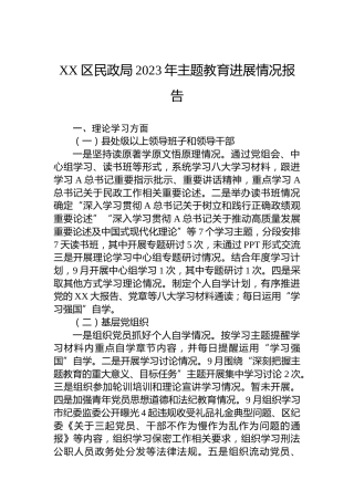 XX区民政局2023年主题教育进展情况报告