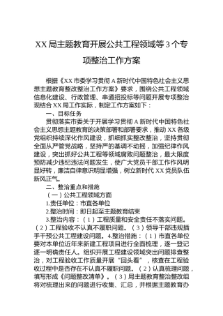 XX局主题教育开展公共工程领域等3个专项整治工作方案