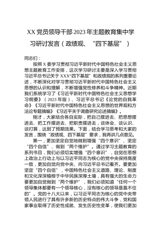 XX党员领导干部2023年主题教育集中学习研讨发言（政绩观、“四下基层”）