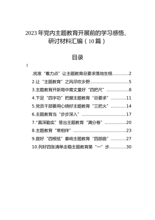 2023年党内主题教育开展前的学习感悟（心得体会）、研讨材料汇编（10篇）