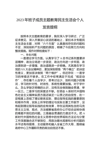 2023年班子成员主题教育民主生活会个人发言提纲