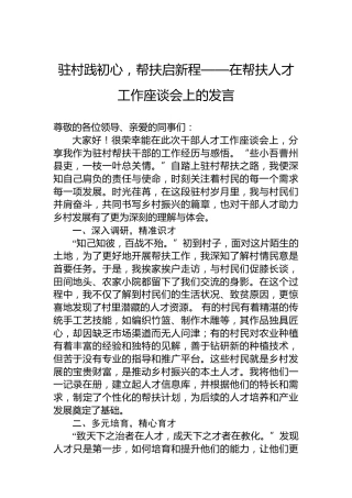 驻村践初心，帮扶启新程——在帮扶人才工作座谈会上的发言