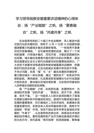 学习领导视察安徽重要讲话精神的心得体会：扬“产业赋能”之帆、扬“要素融合”之帆、扬“共建共享”之帆