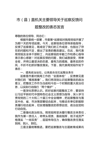 市（县）直机关主要领导关于巡察反馈问题整改的表态发言