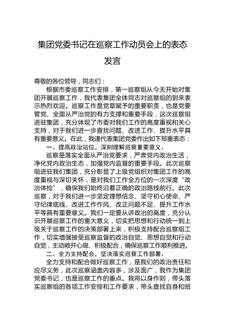 集团党委书记在巡察工作动员会上的表态发言