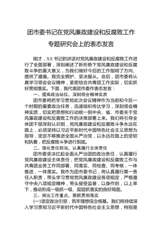 团市委书记在党风廉政建设和反腐败工作专题研究会上的表态发言