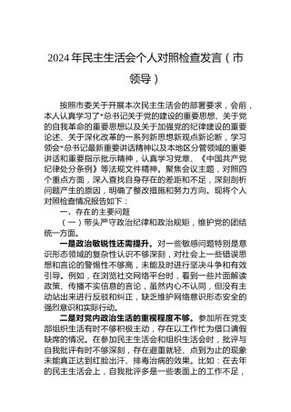 2024年民主生活会个人对照检查发言（市领导）