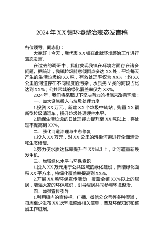 2024年XX镇环境整治表态发言稿
