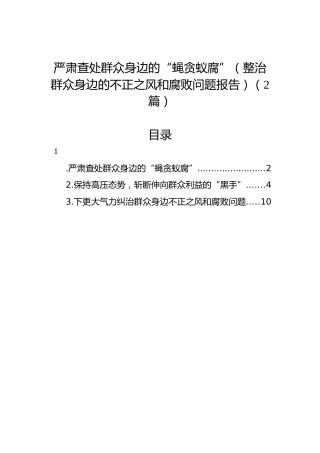 严肃查处群众身边的“蝇贪蚁腐”（整治群众身边的不正之风和腐败问题报告）（2篇）