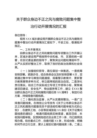关于群众身边不正之风与腐败问题集中整治行动开展情况的汇报