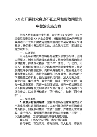 XX市开展群众身边不正之风和腐败问题集中整治实施方案