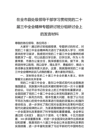在全市县处级领导干部学习贯彻党的二十届三中全会精神专题研讨班分组研讨会上的发言材料