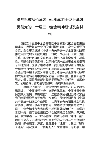 统战系统理论学习中心组学习会议上学习贯彻党的二十届三中全会精神研讨发言材料