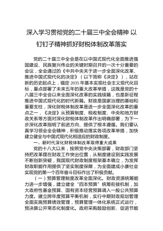 深入学习贯彻党的二十届三中全会精神 以钉钉子精神抓好财税体制改革落实