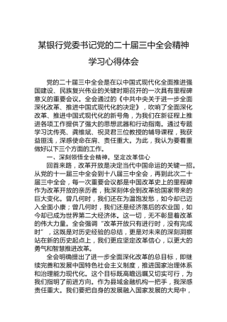 某银行党委书记党的二十届三中全会精神学习心得体会