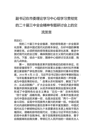 副书记在市委理论学习中心组学习贯彻党的二十届三中全会精神专题研讨会上的交流发言