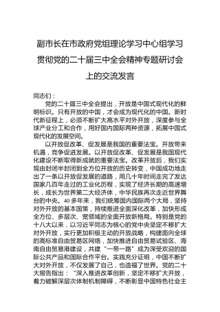 副市长在市政府党组理论学习中心组学习贯彻党的二十届三中全会精神专题研讨会上的交流发言
