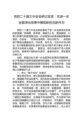 党的二十届三中全会研讨发言：在进一步全面深化改革中展现新担当新作为