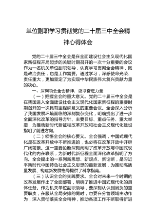 单位副职学习贯彻党的二十届三中全会精神心得体会