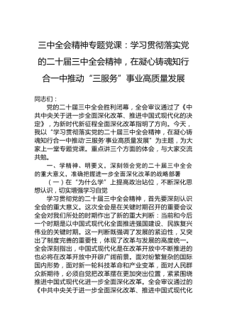 三中全会精神专题党课：学习贯彻落实党的二十届三中全会精神，在凝心铸魂知行合一中推动“三服务”事业高质量发展