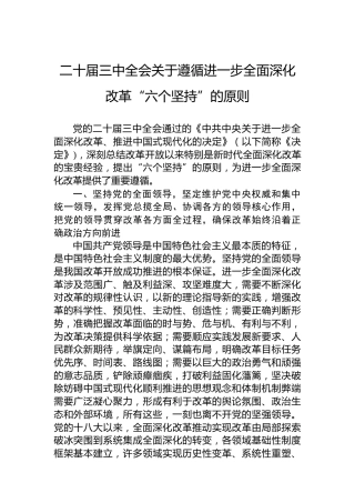 二十届三中全会关于遵循进一步全面深化改革“六个坚持”的原则