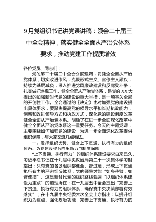 9月党组织书记讲党课讲稿：领会二十届三中全会精神，落实健全全面从严治党体系要求，推动党建工作提质增效