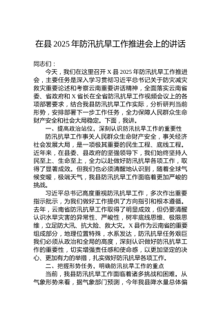 在县2025年防汛抗旱工作推进会上的讲话