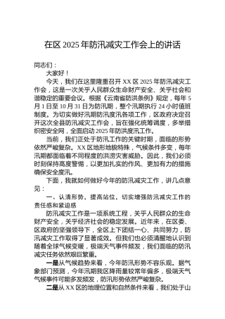在区2025年防汛减灾工作会上的讲话