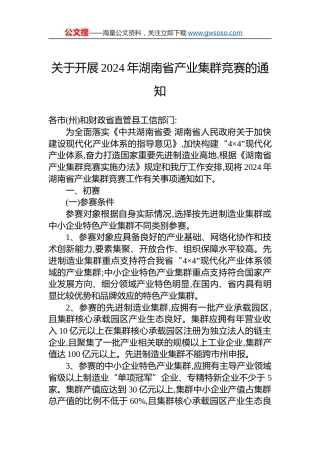 关于开展2024年湖南省产业集群竞赛的通知