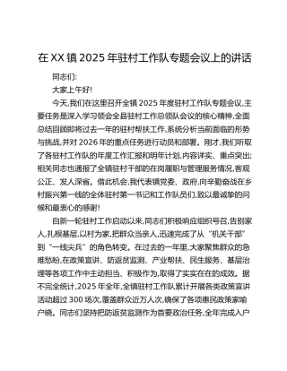 在XX镇2025年驻村工作队专题会议上的讲话