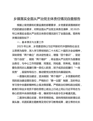 乡镇落实全面从严治党主体责任情况自查总结报告（含问题剖析）