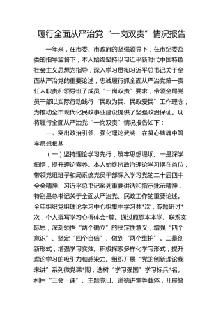 民政局长履行全面从严治党“一岗双责”情况总结报告