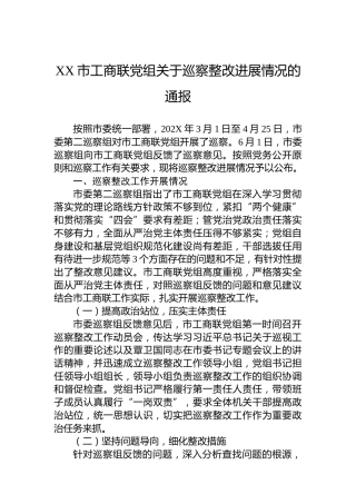 XX市工商联党组关于巡察整改进展情况的通报