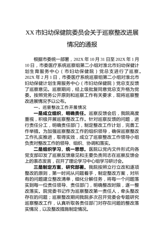 XX市妇幼保健院委员会关于巡察整改进展情况的通报
