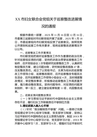 XX市妇女联合会党组关于巡察整改进展情况的通报