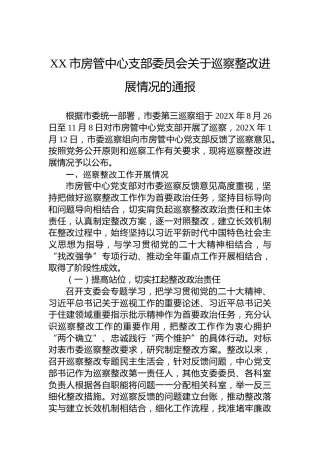 XX市房管中心支部委员会关于巡察整改进展情况的通报