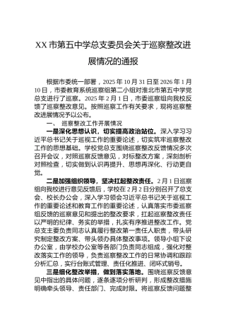 XX市第五中学总支委员会关于巡察整改进展情况的通报