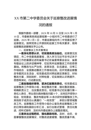 XX市第二中学委员会关于巡察整改进展情况的通报