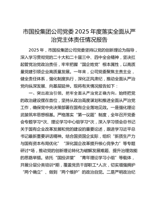 市国投集团公司党委2025年度落实全面从严治党主体责任情况报告