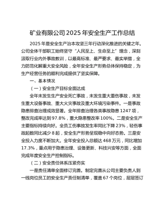 矿业有限公司2025年安全生产工作总结