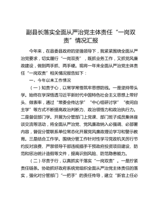 副县长落实全面从严治党主体责任“一岗双责”情况汇报