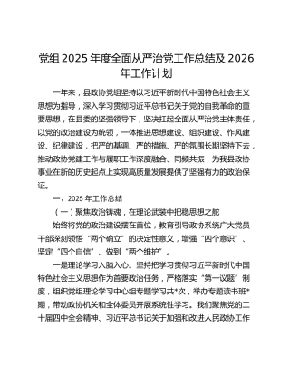党组2025年度全面从严治党工作总结及2026年工作计划