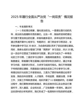 2025年履行全面从严治党“一岗双责”情况报告