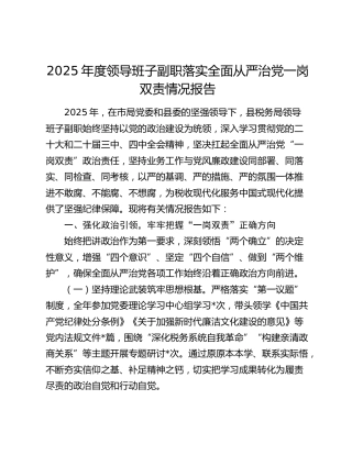 2025年度领导班子副职落实全面从严治党一岗双责情况报告