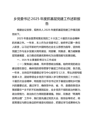 乡党委书记2025年度抓基层党建工作述职报告